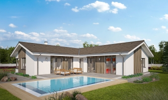 Maison en forme de L avec garage double.